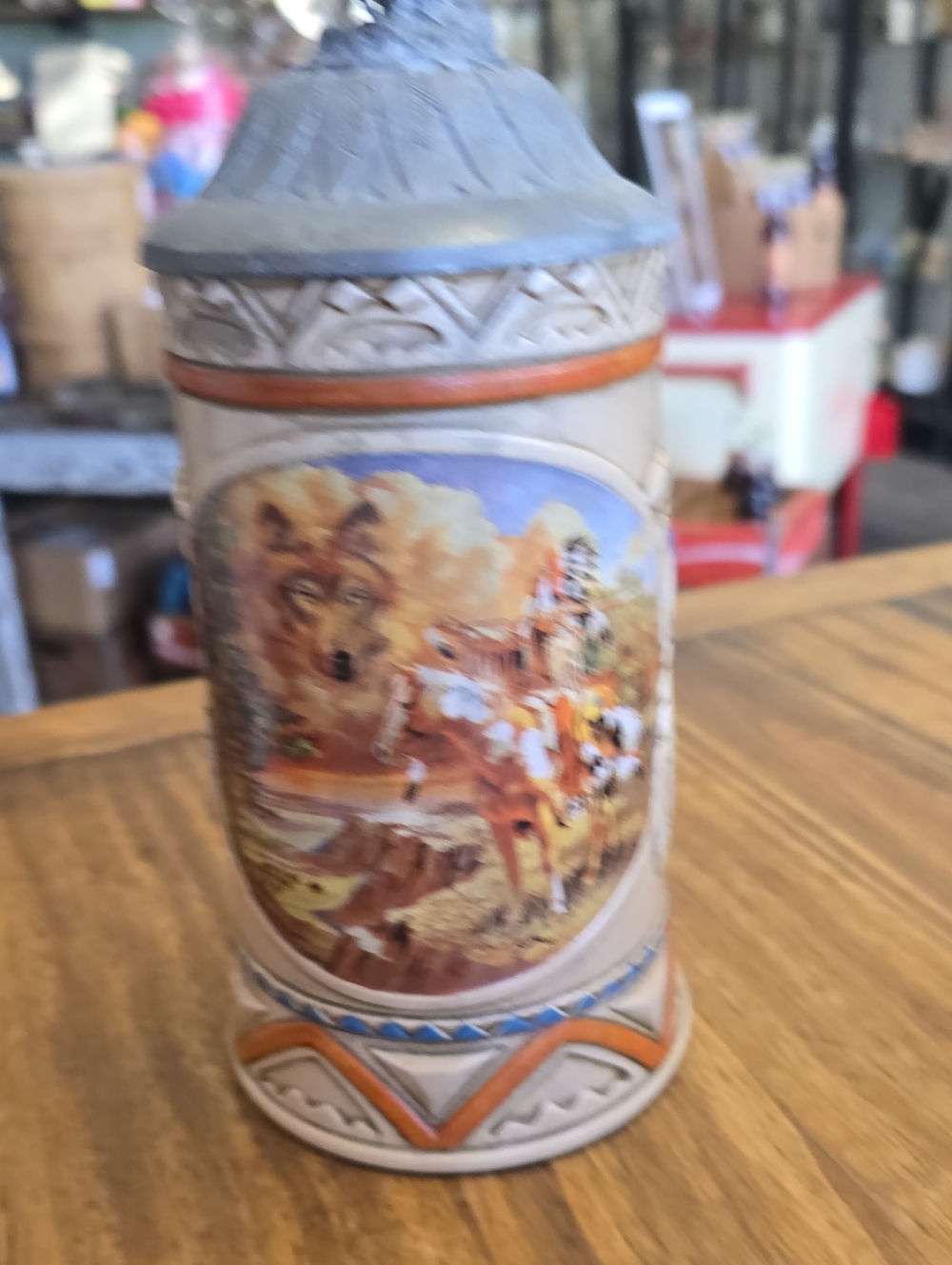 Vintage Ceramic Wolf & Native Scene Decorative Stein - Beige/Tan